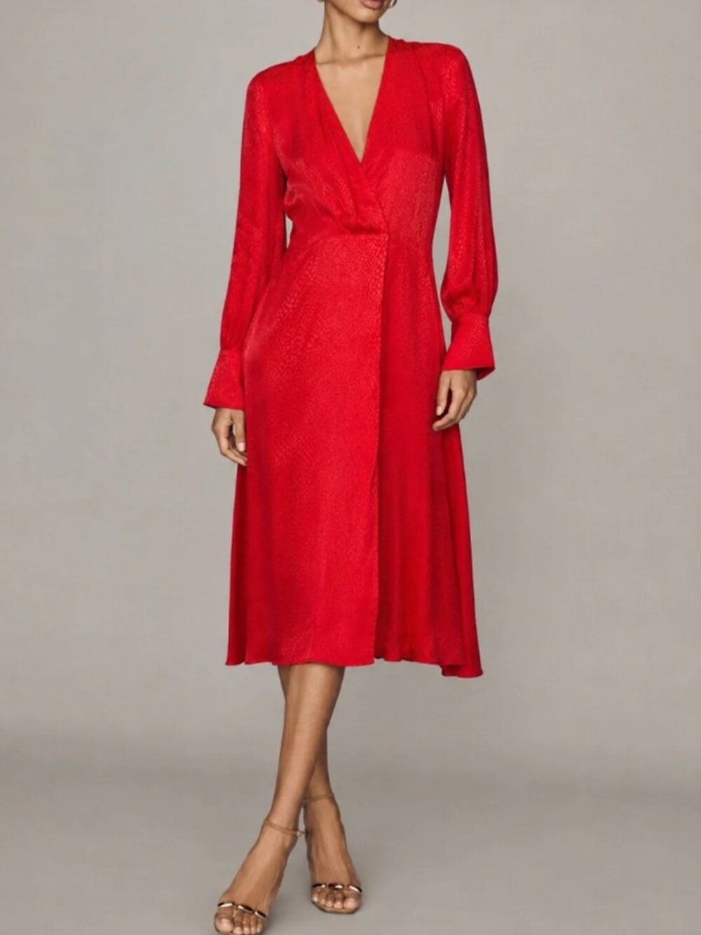 H&M Red Jacquard Weave Wrap Midi Dress Long Sleeve Size US 10